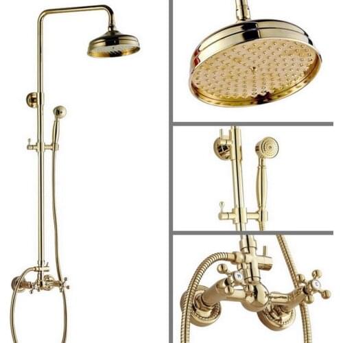 Shower Faucets Gold Brass Bathroom Shower Mixer Tap Faucet Set Rain Shower Head Round Wall Mounted agf321