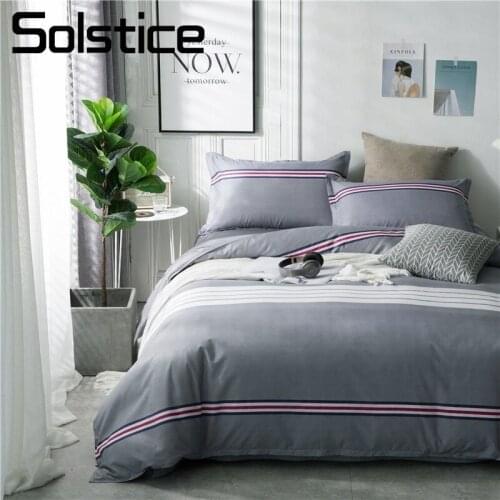 Solstice Home Textile Twin Full Queen Bedding Linens Set Gray Stripe Simple Duvet Cover Pillow Case Flat Bed Sheet For Boy Girls