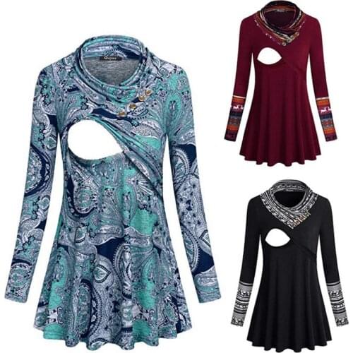 Maternity Breast Feeding Tunic Tops Pregnant Bohemian Contrast Printing Clothes Pregnancy Blouses For Womens Nursing Clothing