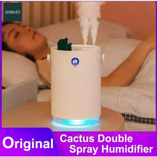 New Sothing Cactus Double Spray Humidifier 1L Ultrasonic Mist Aroma Diffuser LCD Digital Detect Humidity with Colorful LED Light