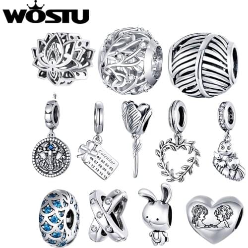 WOSTU 2020 Original 925 Sterling Silver Flower Herat Charm beads LOVE rabbit Flower Panda Pendant