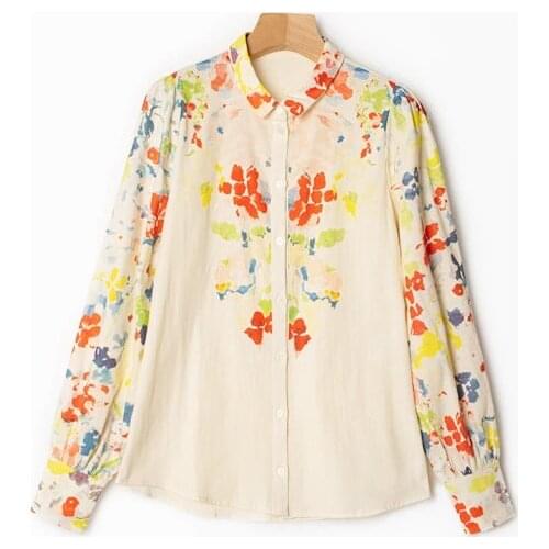 Ladies Cotton Long Sleeve Floral Printed Blouse Shirt Top With Lapel Collar