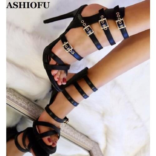 ASHIOFU Handmade Women High Heel Sandals Buckle Straps Party Prom Summer Shoes Eurolish Evening Fashion Sandals Shoes