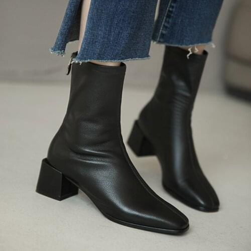 Women boots Genuine leather Chelsea boots 6 cm high heels Square head zipper boots Womens shoes