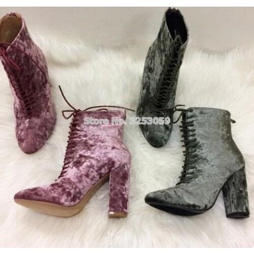 Ladies Popular Velvet Short Boots Lace Up Chunky High Heel Booties Fashionable Footwear Motorcycle Boots Dress Ankle Boots