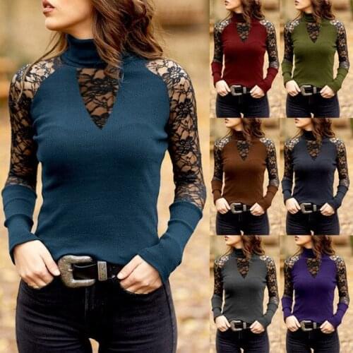 Women Long Sleeve T-Shirts Patchwork Design Lace See Through V-Neck Solid Top Elegant Lady Spring Slim Shirts