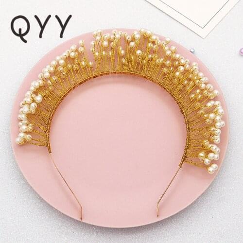 QYY New Fashion Handmade Pearls Wedding Tiaras and Crowns for Women Gold Color Bridal Wedding Hair Jewelry Accessories Gifts
