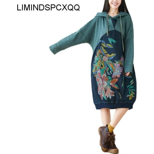 Print Floral Long Hoodies Dress Womens Hooded Sweatshirts Pullover Oversize Coat Batwing Sleeve Vintage Japan 2021 Spring Autumn