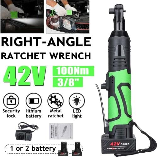 100N.m Electric Wrench 3/8" Cordless Ratchet 42V Rechargeable Scaffolding Right Angle Wrench Tool with 1/2 Battery Charger Kit