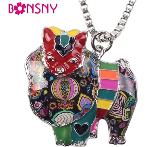 Bonsny Enamel Alloy Floral Pomerania Dog Necklace Pendant Chain Choker Unique Animal Jewelry For Women Girls Pet Lovers Gift New
