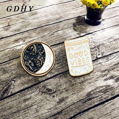 GDHY Black White "GOOD VIBES" Lucky Bottle Constellation Ball Brooch Cartoon Enamel Pins Lapel Badege For Children Jewelry Gift