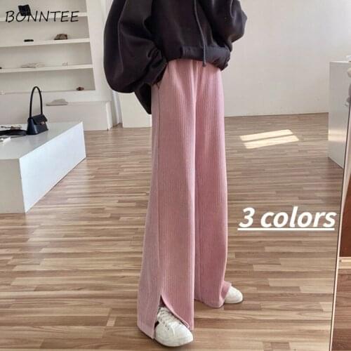Casual Pants Women Straight Side-slit Ulzzang Full Length Spring Elegant Pleated Female Simple Solid Daily High Waist All-match