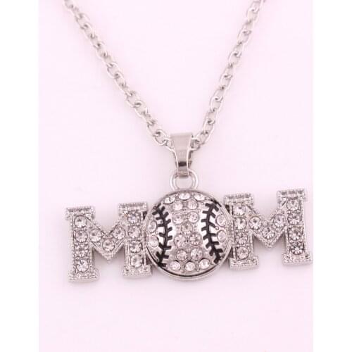 Drop Shipping New Arrival zinc studded with sparkling crystal MOM BASEBALL jewellery charm necklace