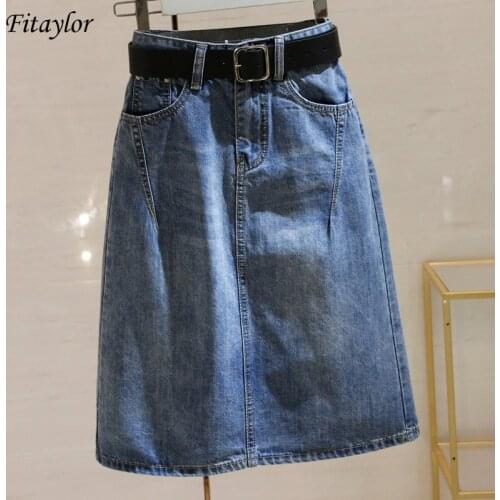 Fitaylor 2021 Spring Summer Women Blue Split Denim Skirts with Belt Casual Loose High Waist Mid Length Skirt Big Size Skirts