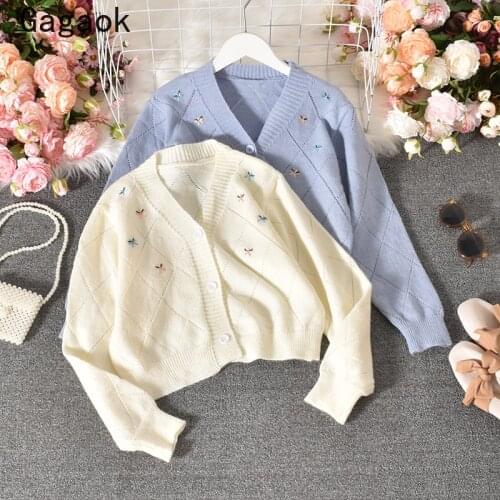 Gagaok Top Women Prairie Chic Knitted Sweater 2020 Spring Autumn New V-Neck Floral Embroidery Cute Hollow Out Fashion Cardigans