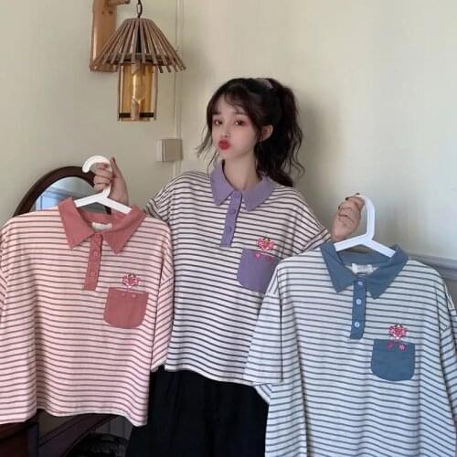 Cute Striped Polo Shirt Girl Fashion Women Cartoon Oversize T-Shirt Funny Cotton Kawaii Harajuku Tops Summer Embroidery T Shirt