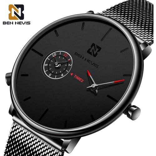 BEN NEVIS Quartz Watches for Men Multiple Time Zone Ultra Thin Watches Black Stainless Steel Strap Simple Waterproof Clock Man