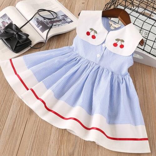 Toddler Kids Baby Girls Clothes Sleeveless Stripe Party Princess Dresses Girls' Doll Collar Cherry Embroidered Striped Dress