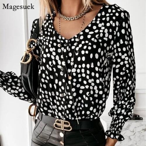 New Korean V Neck Vintage Women Blouse Casual Plus Size Casual Cardigan Shirts For Women Polka Dot Long Sleeve Top Mujer 12256