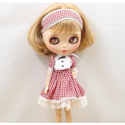 DBS Blyth icy bjd 1/6 30cm doll Clothes dress red Plaid skirt lace & headdress & flower girl gift
