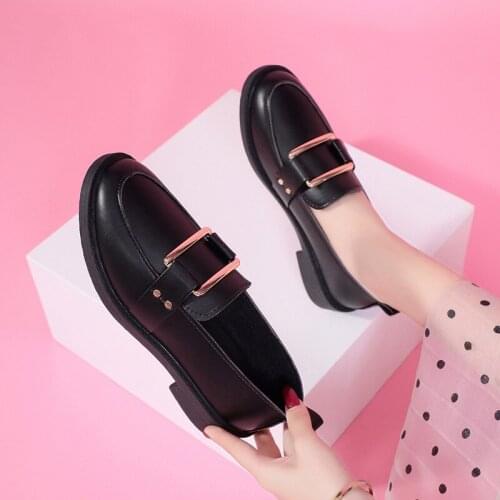 Solid Leather Oxford Shoes For Women New Casual Shoes Woman Flats Metal Buckle Slip On Heels Ladies Brogues Creepers Plus Size