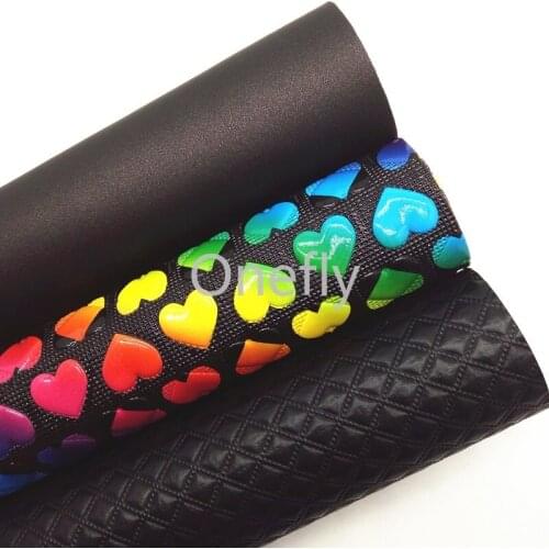 Onefly Rainbow Hearts Embossed Synthetic Leather, Plaids Faux Fabric Sheets For Bow DIY handbags shoes DQ002