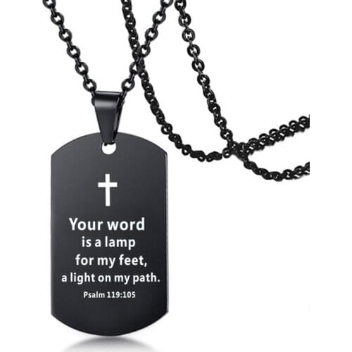 Hiphop Black Stainless Steel Necklace Engraved Scripture Bible Verse Tag Pendant Necklaces Religion Jewelry
