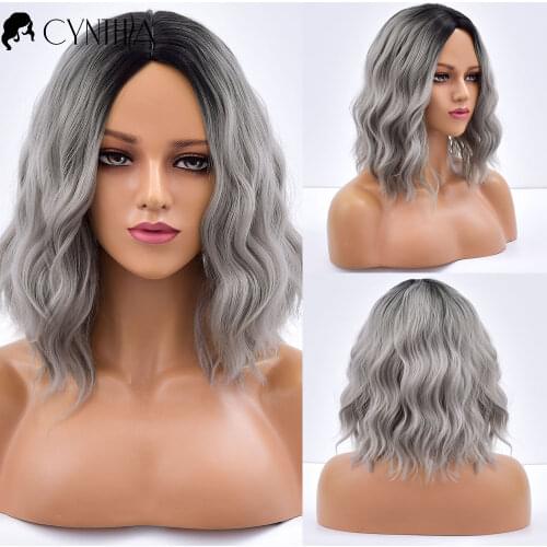 Daily Gray Ombre Wave Short Hair Synthetic Wigs For Women Natural Colored Heat Resistant Female Cosplay Wavy Fibre Wig