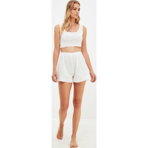 Womens White Back Detailed Woven Pajamas Set Strappy Summer Femme Two Piece Shorts Set Casual Home Clothing Drawstring Low-Cut 2021 New Fashion Sleepwear