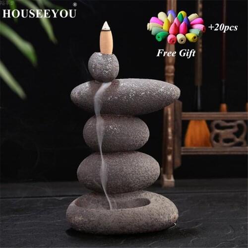 Backflow Incense Burner Home Decor Retro Ceramic Incense Stick Holder Zen Buddhist Aroma Smoke Censer + 20Pcs Incense Cones