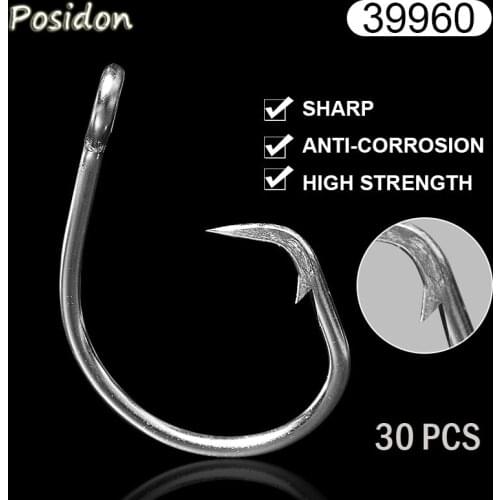 Posidon 39960 8/0-20/0 30 Pcs/Pack Stainless Steel Tuna Circle Fish Hooks Big Game Tuna Circle Bait Barbed Fishhooks