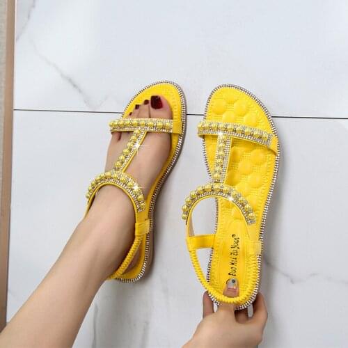 Black Pearl Sandals Women Shoes Summer Slip On Thick Sole Korean Comfy Open Toe Leather T-strap Wedge Gladiator Sandal Ladies