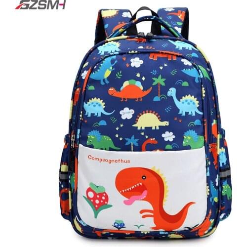 Boy Child Blue Backpack Dinosaur Printing Animated Backbag 1-6 Grades Students School Bag Black Canvas Daypack Rucksack Mochilas