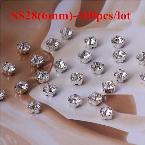 100pcs SS28(6mm) Glass Stones Silver Base Flatback Claw Rhinestones Clear Crystal Sew On Rhinestones DIY Garment Findings T04