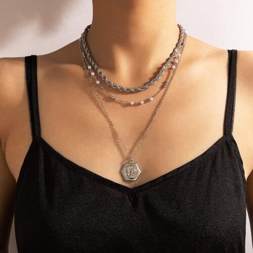 HuaTang Vintage Portrait Pendant Necklace for Women Multilayer Silver Color Snake Chains Bead Clavicle Chain Punk Jewelry Party