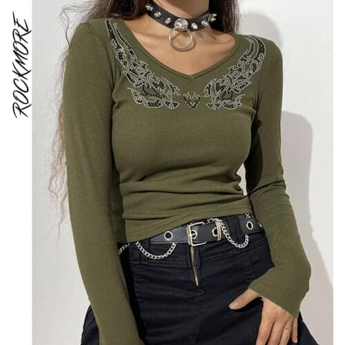 Rockmore Vintage Print Long Sleeve T-shirt Autumn Women y2k Aesthetic V Neck Top Casual Korean Basic Tee Shirt 90s E Girl Grunge
