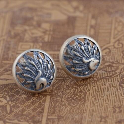 FNJ Peacock Round Stud Earrings 925 Silver New Fine 100% Pure S925 Sterling Silver Earring for Women Jewelry