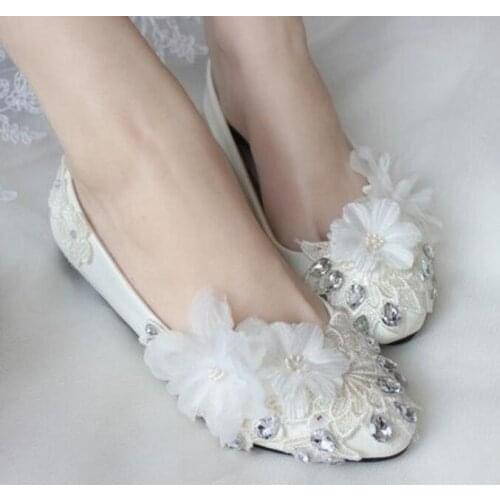 Plus size 34-42 womens wedding shoes flats flower lace bridal shoes crystal rhinestones lace flowers bridal shoes custom made