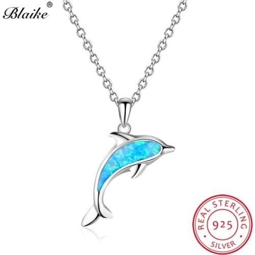 Blaike Cute Blue Fire Opal Dolphin Pendants 100% Solid 925 Sterling Silver Rainbow Birthstone Animal Necklace Women Choker Gifts