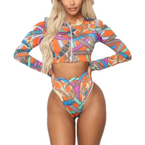 Women Split Long Sleeve Print Swimwear Set Long Sleeve Zip-up Crop Top UV Protection Sexy Swimsuit Set