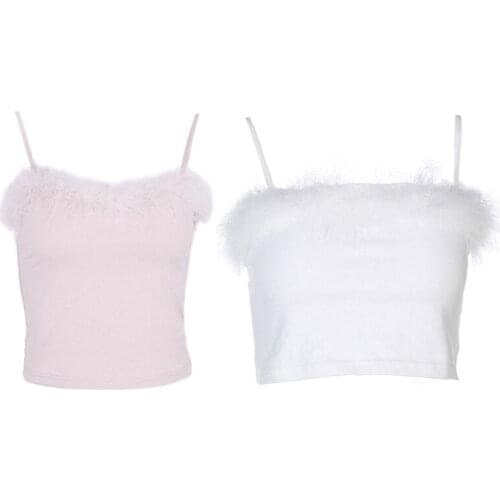 Womens Sexy Fluffy Plush Trim Crop Top Spaghetti Strap Feather Bandeau Camisole