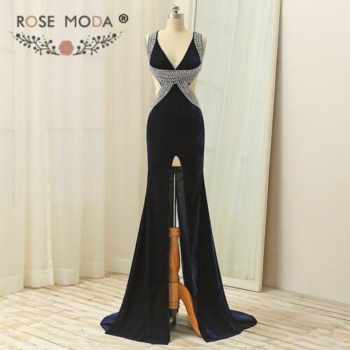 Rose Moda Sexy V Neck Navy Velvet Evening Dress with High Slit Cut Out Back Crystal Beaded Formal Evening Dresses for Winter