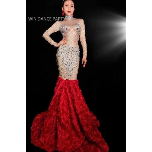 Lady Bling stones Trailing Dress Rose Glass Diamond Fishtail dress High-end Costume Evening Party Prom Catwalk Stage outfit