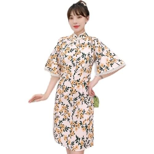 Plus Size M-3XL 2021 New Loose Elegant Fashion Modern Cheongsam Dress Women Short Sleeve Qipao Traditional Chinese Style Clothes