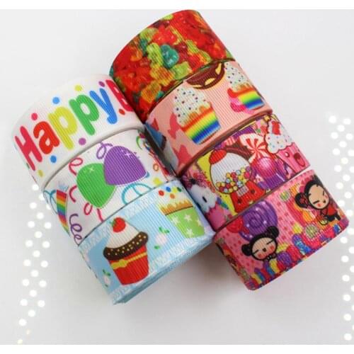 1 '25mm Happy birthday party cake cartoon ribbon 10 y DIY handmade material gift wrap hair bow Grosgrain ribbons belt printing