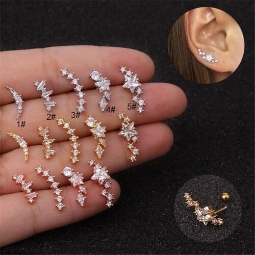 1Pc Gold Silver Color Stainless Steel Crystal Zircon Daith Cartilage Ear Piercing Cz Tragus Helix Lobe Screw Back Stud Earring