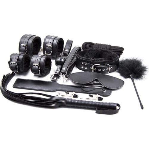 10PCS/set PU Leather Bondage Kit Set Cuffs Whip Rope Eye Mask Paddle Nipple Clamps Bdsm Fetish Bondage Restraints Erotic Toy