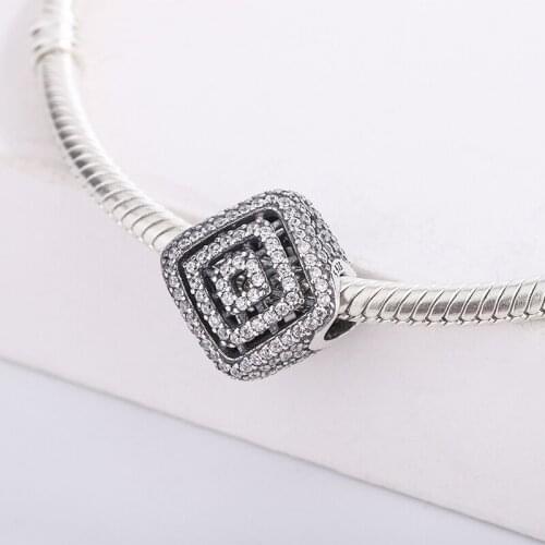 925 Sterling Silver Charm Geometric Lines Clear CZ Bead Pendant Fit Original Charm Bracelet DIY Jewelry Making Accessories