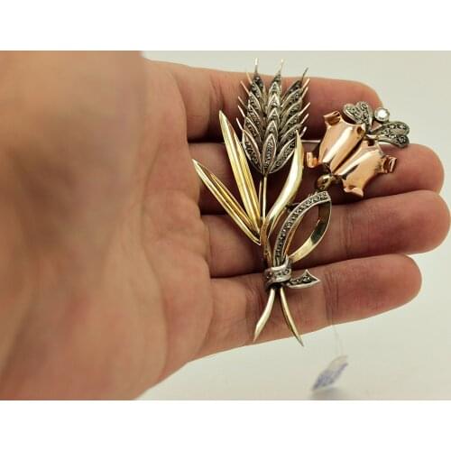 ANTIQUE 14K GOLD NATURAL ROSE CUT DIAMOND DECORATED OTTOMAN AMAZING BROOCHE