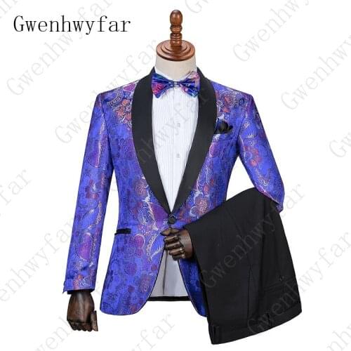 Gwenhwyfar New Design Mens Stylish Jacquard Blue Green Purple Floral Pattern Suits Stage Singer Wedding Groom Tuxedo Costume